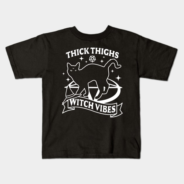 Thick Thighs Witch Vibes - Funny Halloween Goth Black Cat Kids T-Shirt by OrangeMonkeyArt